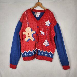 Merry Christmas Ugly Sweater Pullover Women's XL Red Blue Gingerbread Man
